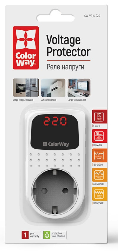Реле напруги ColorWay (16A/3680W) 150V-210V/230V-280V DS2 White (CW-VR16-02D)