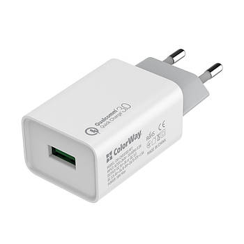 Зарядний пристрій ColorWay 1USB Quick Charge 3.0 (18W) білий (CW-CHS013Q-WT)