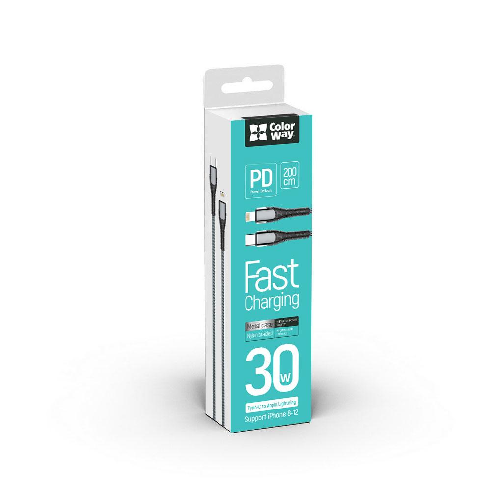 Кабель Colorway Type-C - Apple Lightning (PD Fast Charging) 3.0А (30W) 2м сірий (CW-CBPDCL036-GR)