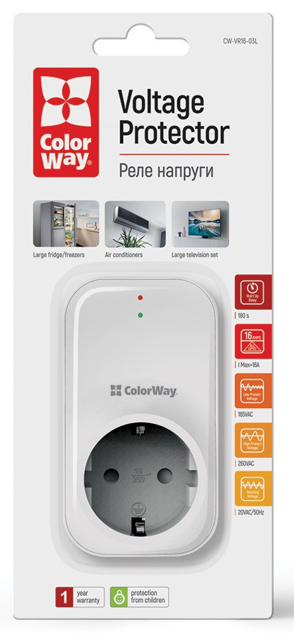Реле напруги ColorWay (16A/3680W) 165V/260V LED1 White (CW-VR16-03L)