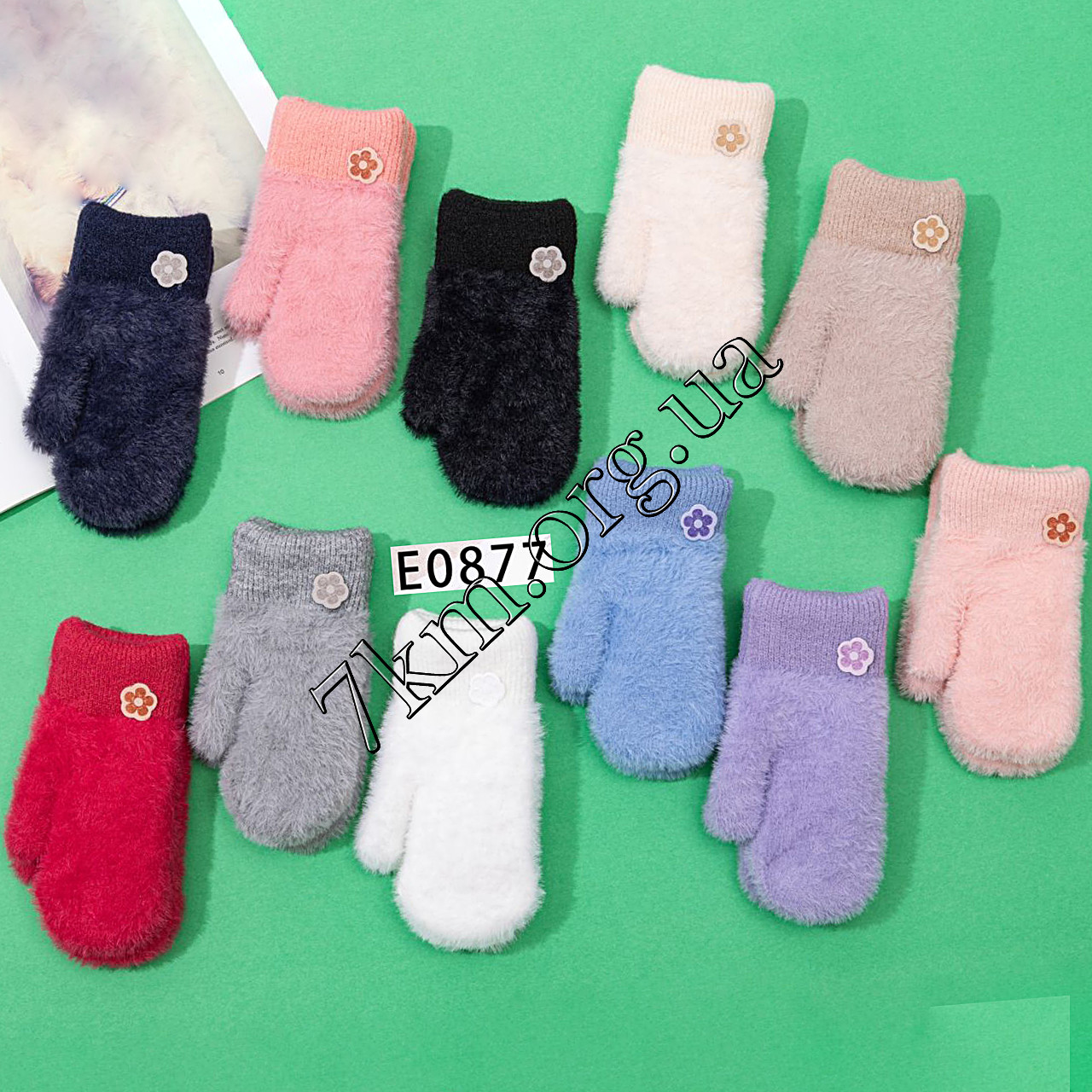 Рукавиці дитячі подвійні з хутром для дівчаток 8-10 років "Цвітик" Оптом E0877 M, фото 1