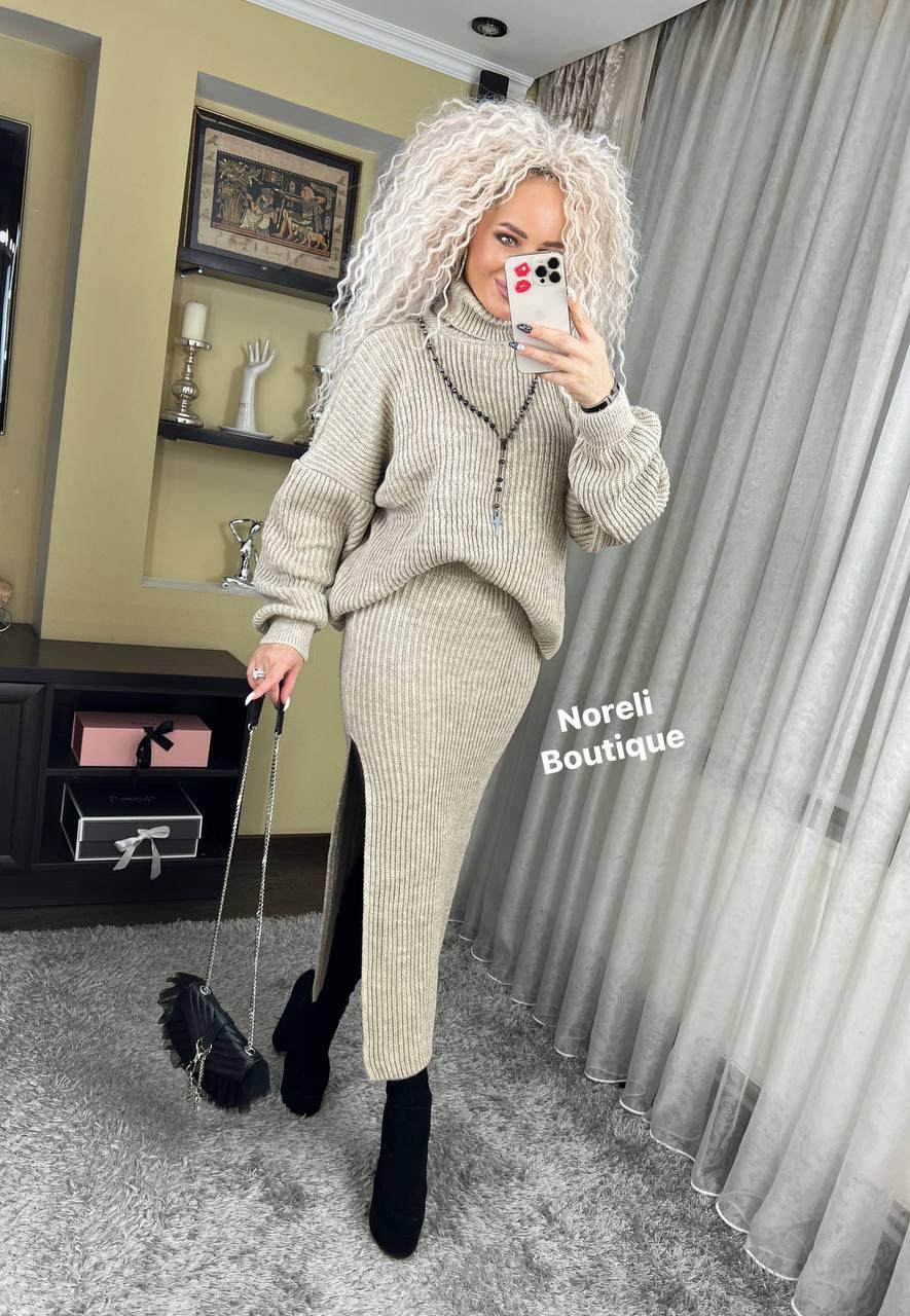 Жіночий модний костюм "Сніжана" пряжа - кофта і спідниця міді на кожен день (Onesize (42-50)), Бежевий, фото 1