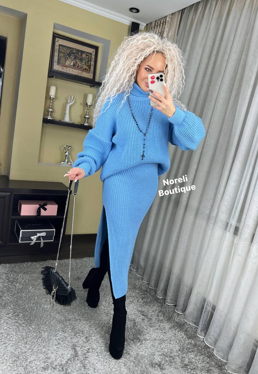 Жіночий модний костюм "Сніжана" пряжа - кофта і спідниця міді на кожен день (Onesize (42-50)), Синій, фото 1