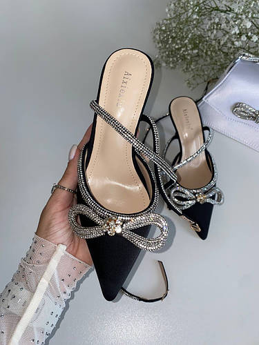 Туфли босоножки женские на каблуке шпильке атласные черные с бантиком ...