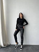 Теплые стильные качественные черные штаны джогерры женские эко-кожа на меху