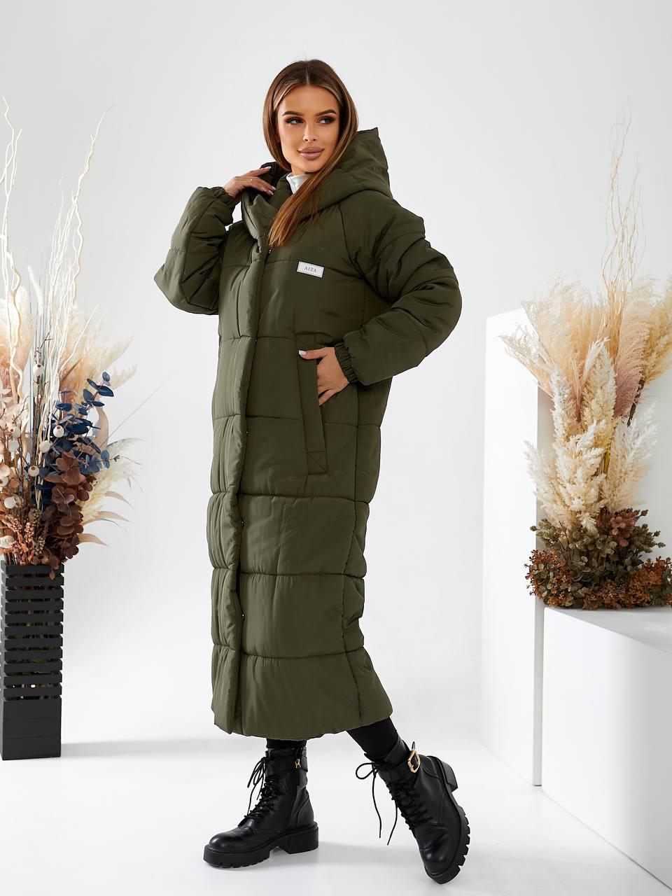 Пальто пуховик ковдра зима OVERSIZE з капюшоном арт. 520 хакі / зеленого кольору