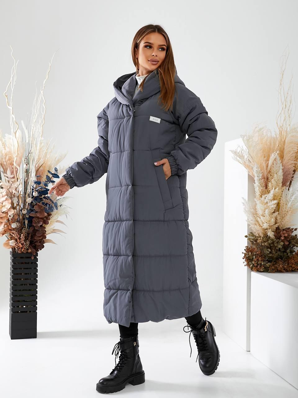Пальто пуховик ковдра зима OVERSIZE з капюшоном арт. 520 асфальт, темно-сірий