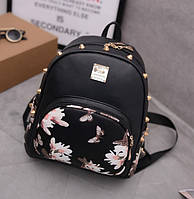 Женский рюкзак мини с цветами черный портфель для женщин. BuyIT Жіночий міні рюкзак з квітами чорний портфель