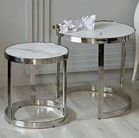 Журнальные столы круглые комплект из двух штук кофейных Vetro Mebel CI-1 столешница белый мрамор cеребро