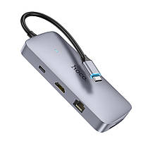 TU Мультиадаптер хаб Hoco HB32 8в1 Type-C to USB 3.0/ 2 USB 2.0/ Type-C/ HDMI/ RJ45/ SD/ TF PD 100W 0.18m