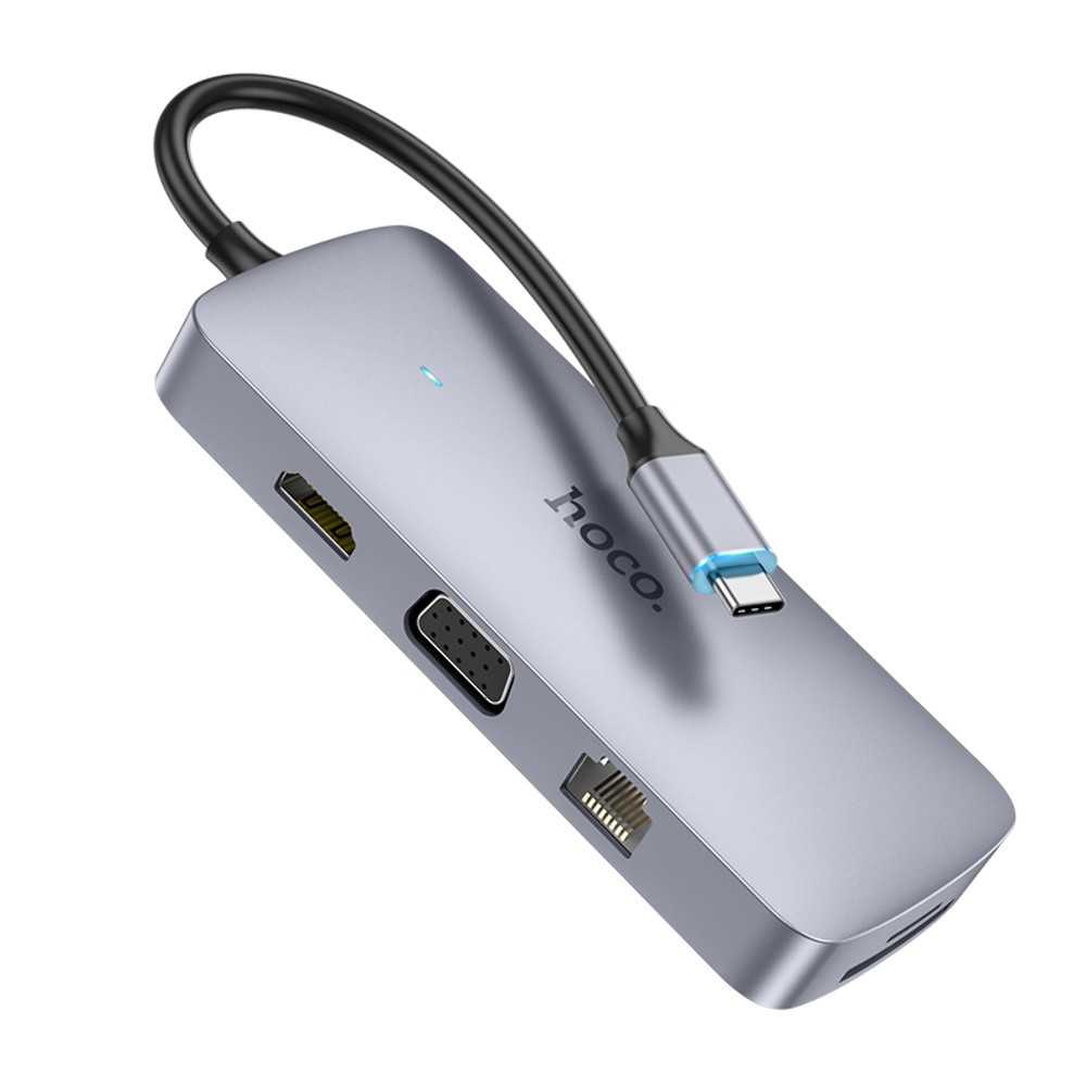 TU TU Мультиадаптер хаб Hoco HB33 10в1 Type-C to USB 3.0/ 2 USB 2.0/ Type-C/ HDMI/ VGA/ RJ45/ AUX/ SD/ TF PD 100W 0.18m серый