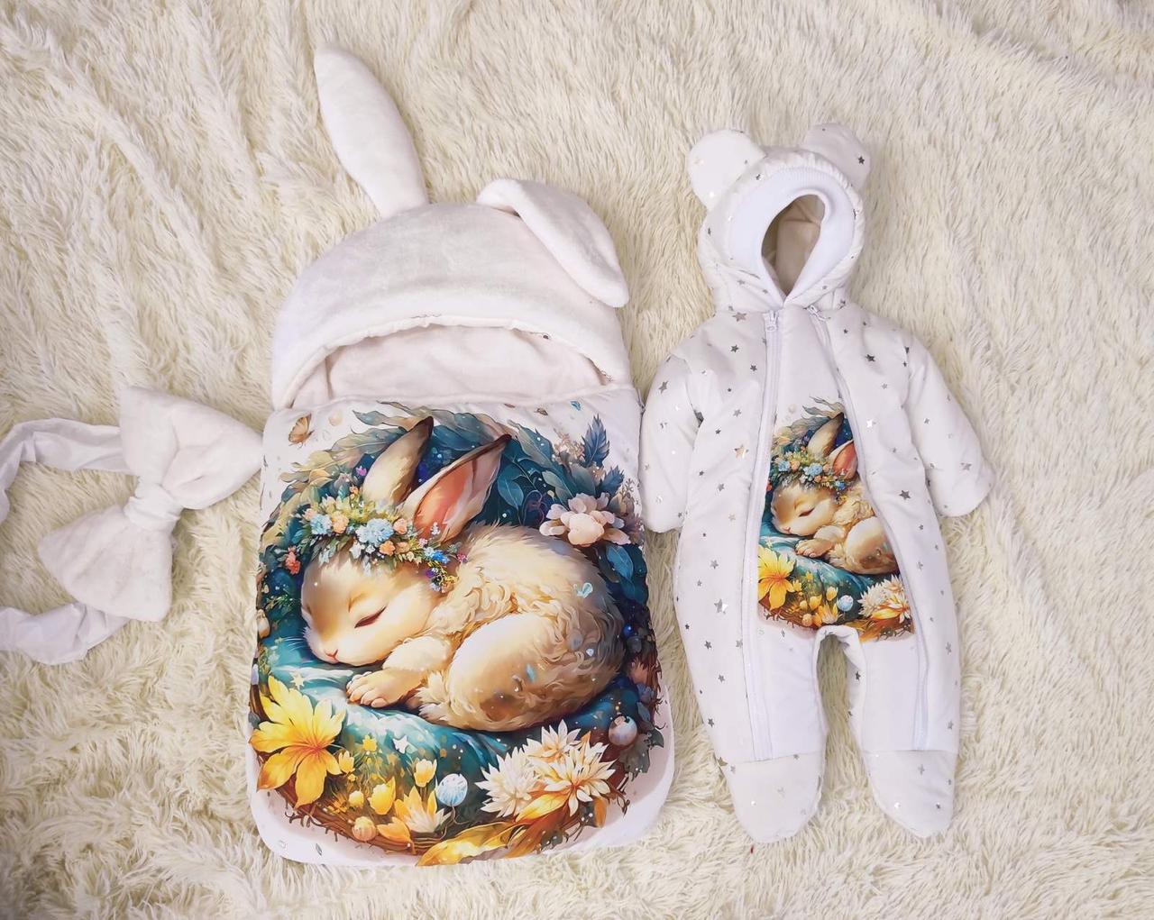 Теплий комплект для новонароджених, комбінезон + конверт спальник з принтом Зайчик, фото 1