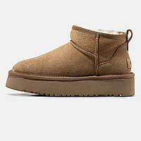 Женские зимние UGG Classic Ultra Mini Platform Chestnut, коричневые замшевые угги ультра мини на платформе