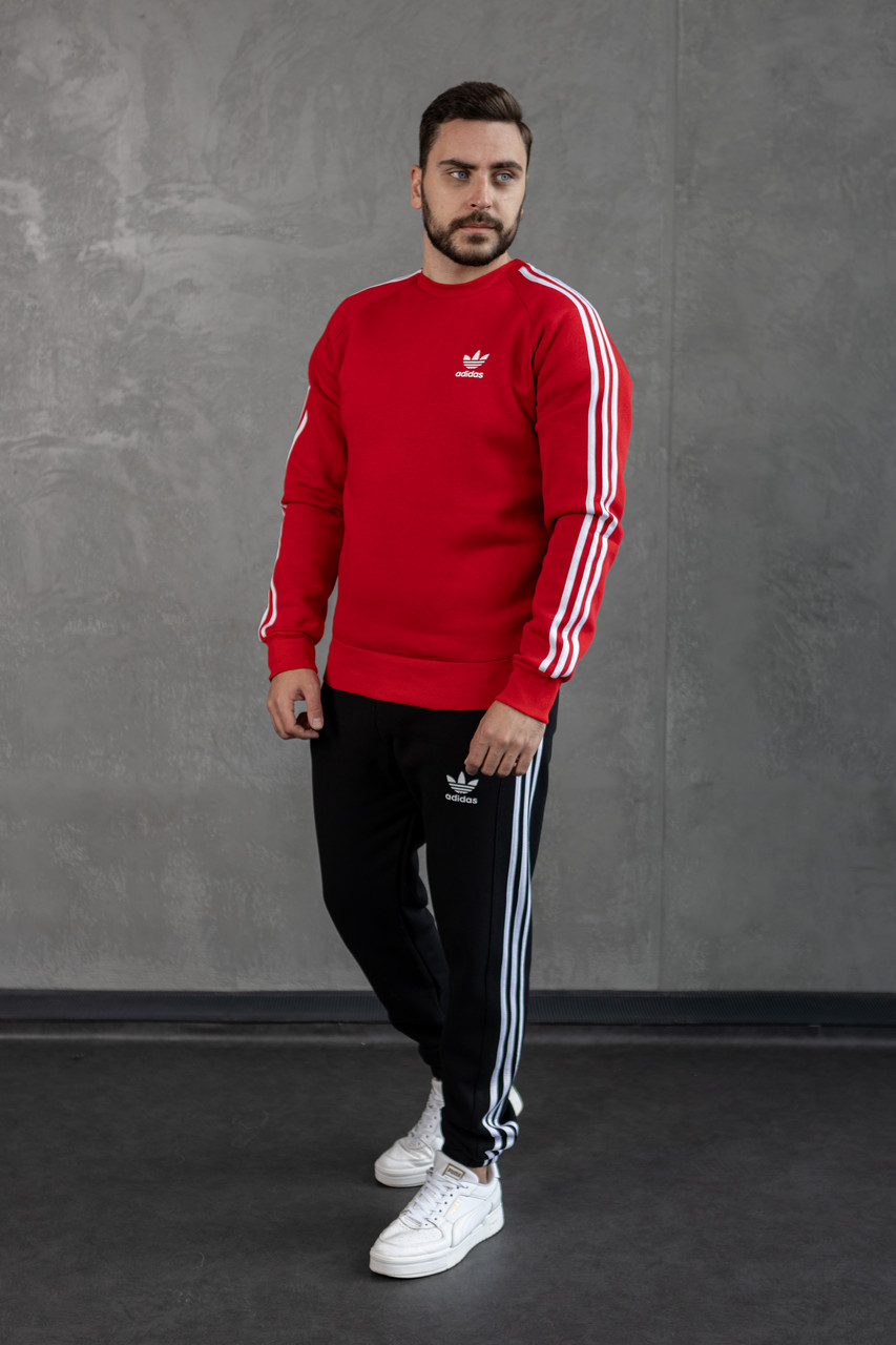 Чоловічий зимовий спортивний костюм Adidas хакі з чорним із лампасами без капюшона Комплект Адідас на флісі