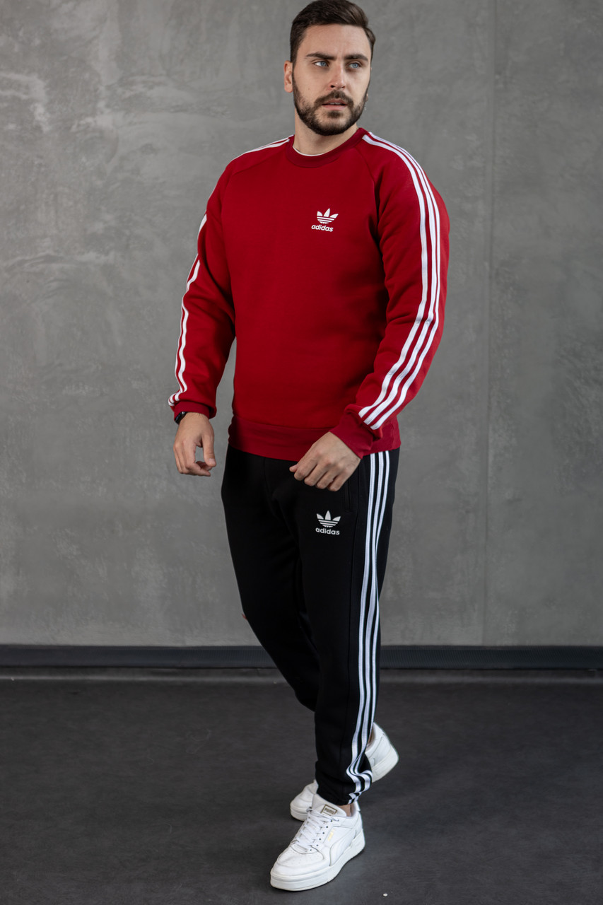 Зимовий чоловічий спортивний костюм Adidas бордовий з лампасами без капюшона Комплект Адідас на флісі