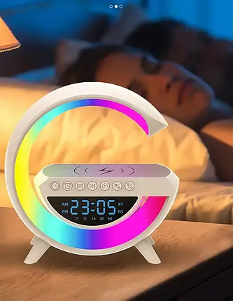 Настільна смарт-лампа-нічник RGB G-Smart BT-3401 3в1 (бездротова зарядка, Bluetooth колонка, годинник), фото 1