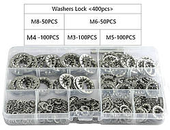 Шайби Стопорні Зубчасті M3 M4 M5 M6 M8 Набір 400 шт DIN 6797J Нержавіюча сталь 304 Spec (SP-0685400)