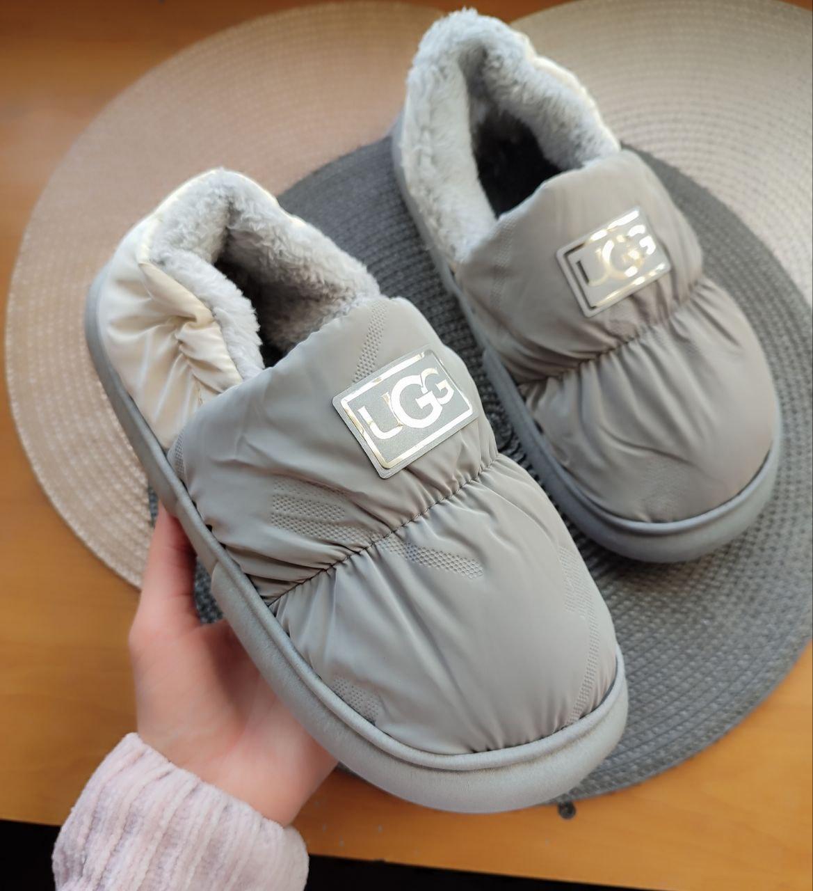 Дутики двокольорові UGG СІРІ з БІЛИМ на гнучкій високій підошві автоледі унісекс зимові сліпони