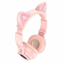 Bluetooth наушники детские накладные Беспроводные с ушками светящимися Borofone Наушники котики розовые
