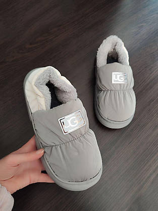 Дутики UGG на гнучкій високій підошві двокольорові СІРІ з БІЛИМ автоледі унісекс зимові сліпони, фото 5