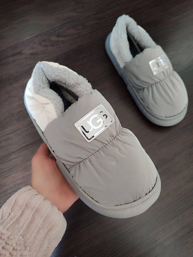 Дутики UGG на гнучкій високій підошві двокольорові СІРІ з БІЛИМ автоледі унісекс зимові сліпони, фото 1