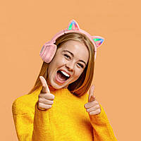 Наушники котики розовые накладные беспроводные с ушками Led подсветка Borofone Bluetooth наушники детские