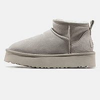 Женские зимние UGG Classic Ultra Mini Platform Light Grey серые замшевые угги классик ультра мини на платформе