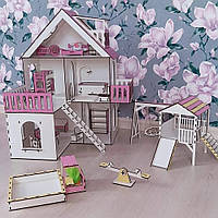 Ляльковий дерев'яний збірний будиночок фанерний конструктор "Рожеві сни" з меблями, текстилем і дитячим майданчиком