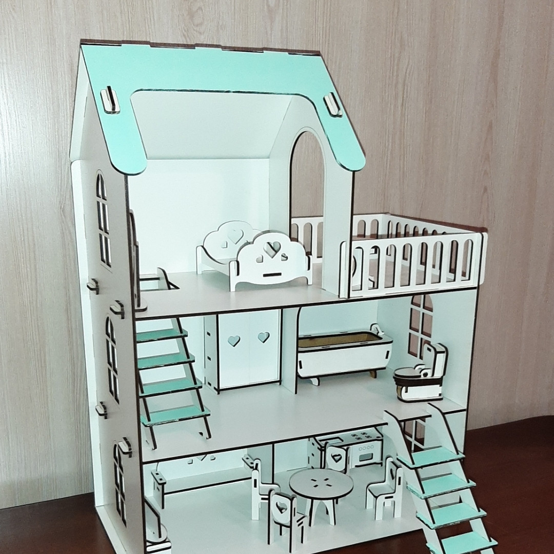 Дерев'яний дитячий ляльковий самозбірний будиночок для ляльок, 5 кімнат, з меблями, з терасою і драбиною, з хдф