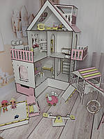 Ляльковий дерев'яний будиночок для ляльок самозбірний із меблями, дитячим майданчиком і ящиками + люлька