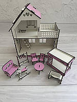 Дитячий дерев'яний двоповерховий збірний будиночок для ляльок із терасою, вікнами та набором меблів, з хдф
