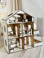 Дерев'яний самозбірний рожевий іграшковий будиночок для ляльок із терасою, комплектом меблів