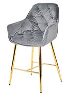 Полубарное мягкое кресло Chic BAR 65-GD на золотых металлических ножках, сиденье с мягкой обивкой Бархат Серый PH-601