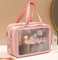 Косметичка органайзер для косметики розовая прозрачная Washbag 30х20х14 см с ручками дорожная на два отделения