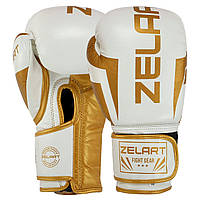 Боксерские перчатки кожаные на липучке Zelart ELITE VL-8291 бело-золотые, 10 унций: Gsport