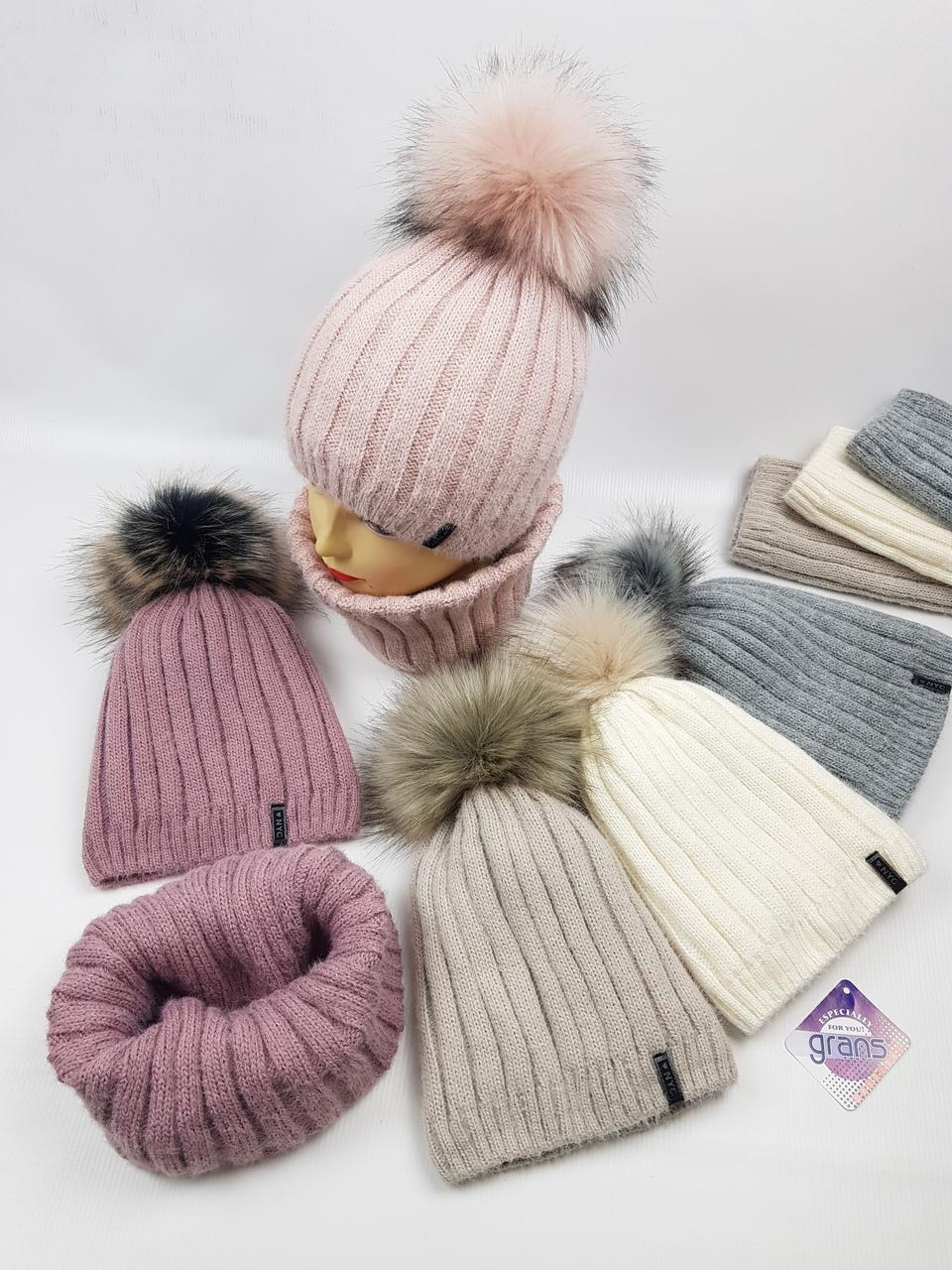 Підліткові в'язані шапки оптом на флісі для дівчаток, р. 52-54, Grans (Польща), фото 1