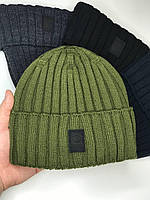 Мужская зимняя шапка ADIDAS NEO Вязаная Акрил Адидас На флисе Утепленная Осень/Зима с Отворотом ХАКИ