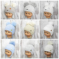 36-42 0-5 міс зимова в'язана на флісі шапочка для новонародженого хлопчика на виписку з хутряним помпоном 2124