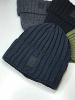 Мужская вязаная шапка ADIDAS NEO На флисе Темно-Синяя Зимняя Акрил Адидас Утепленная Осень/Зима с Отворотом