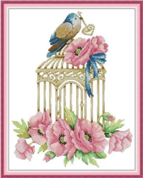 Набір для вишивання за нанесеною на канву схемою "Birdcage and Flowers".AIDA 14CT printed , 32*40 см