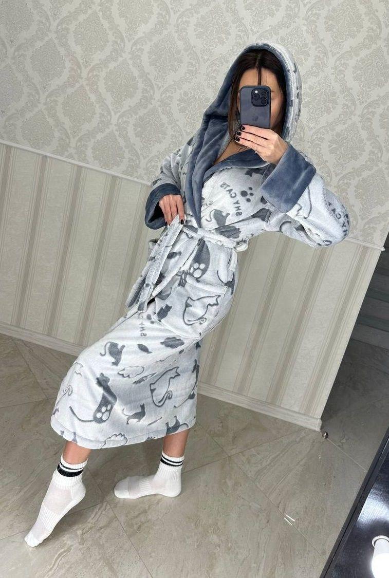 Жіночий теплий довгий халат сірого кольору з котами Туреччина, фото 1
