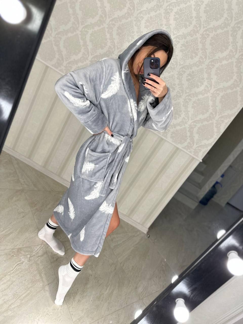 Сірий жіночий теплий плюшевий домашній халат із пір'ям ТУРЦІЯ, фото 1