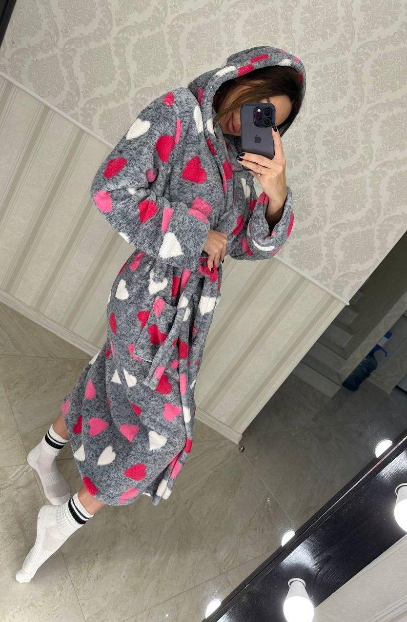 Гарний жіночий довгий махровий халат із капюшоном серця, фото 1