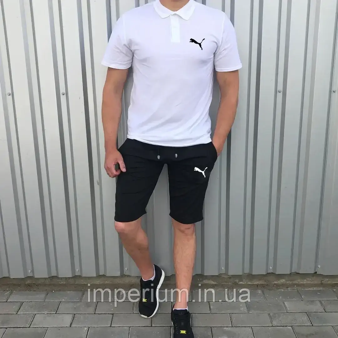 Спортивний літній костюм пума логотип принт | комплект футболка поло та шорти