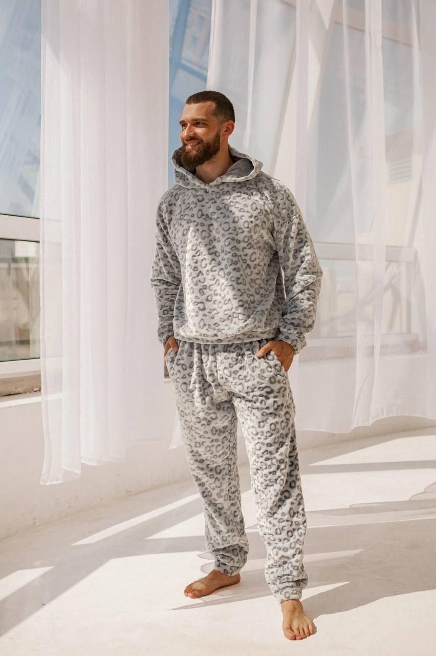Плюшева чоловіча піжама-двійка для дому теплий чоловічий домашній костюм для чоловіків норма та великі розміри