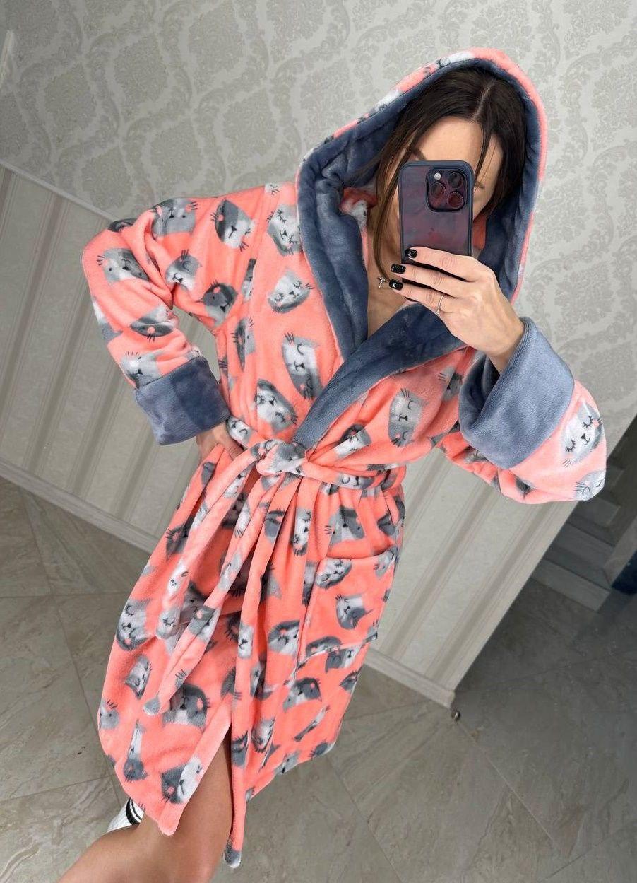 Теплий жіночий короткий махровий халат із капюшоном і котами ТУРЦІЯ