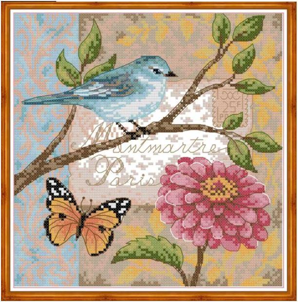 Набір для вишивання за нанесеною на канву схемою "Bird and flower". AIDA 14CT printed, 27*27 см