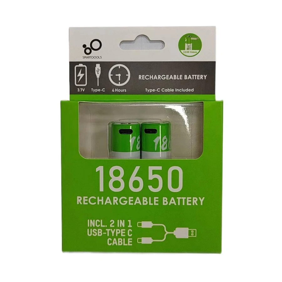 Акумуляторні батарейки 18650 3.7V 2000Mah з роз'ємом для заряджання Type-C від Smartoools — 2 ШТ.