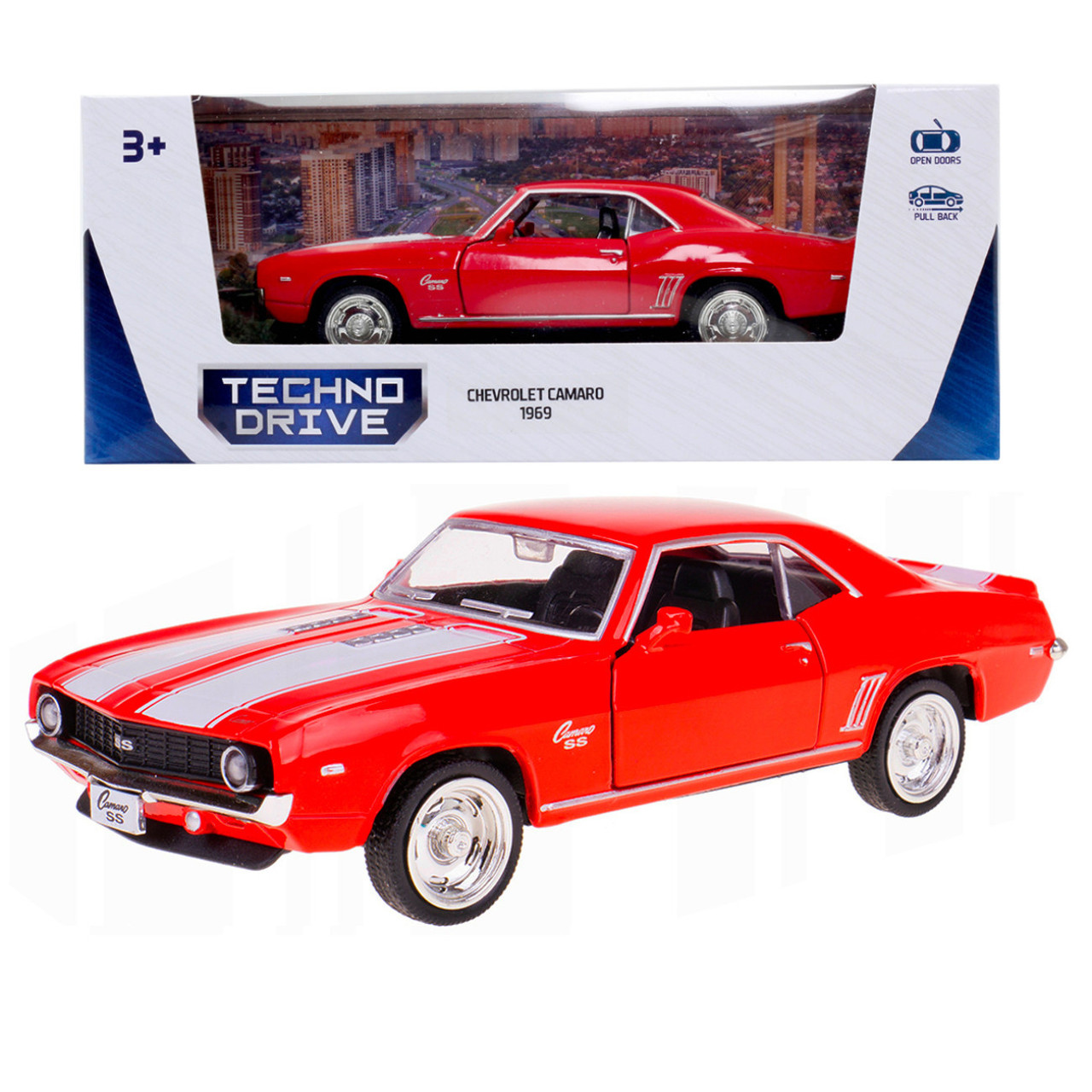 Іграшкова машинка металева Chevrolet Camaro 1969, шевроле камаро, червоний, відкр двері, інерція, 5*13*4см, 1:32 (250336U), фото 1