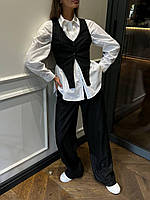 Черный женский классический костюм из костюмной шерсти: Брюки палаццо с высокой посадкой и Жилетка в полоску
